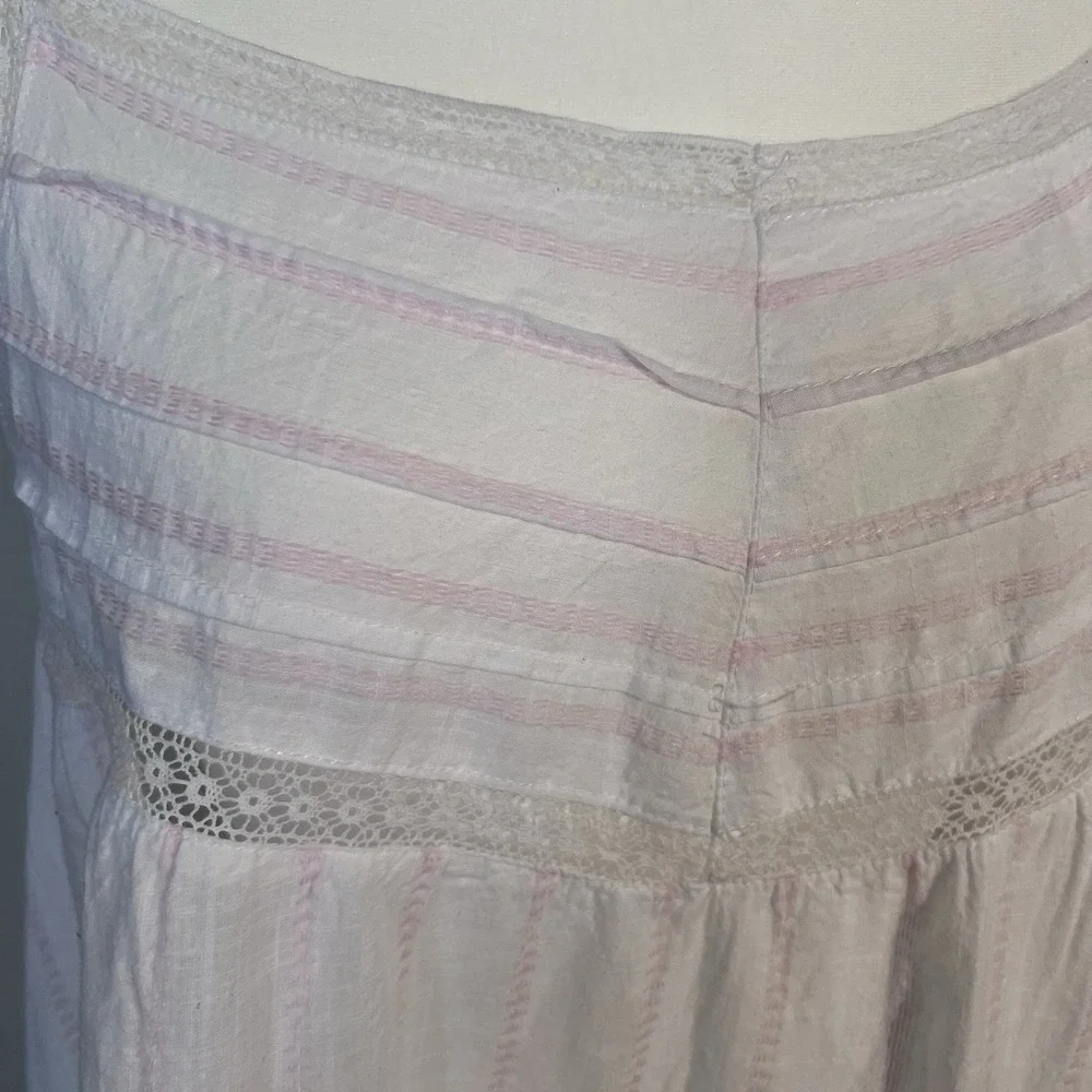 Shabby Chic White Pink‎ Striped Nightgown Square Neck Lace Ruffle Cotton Size M